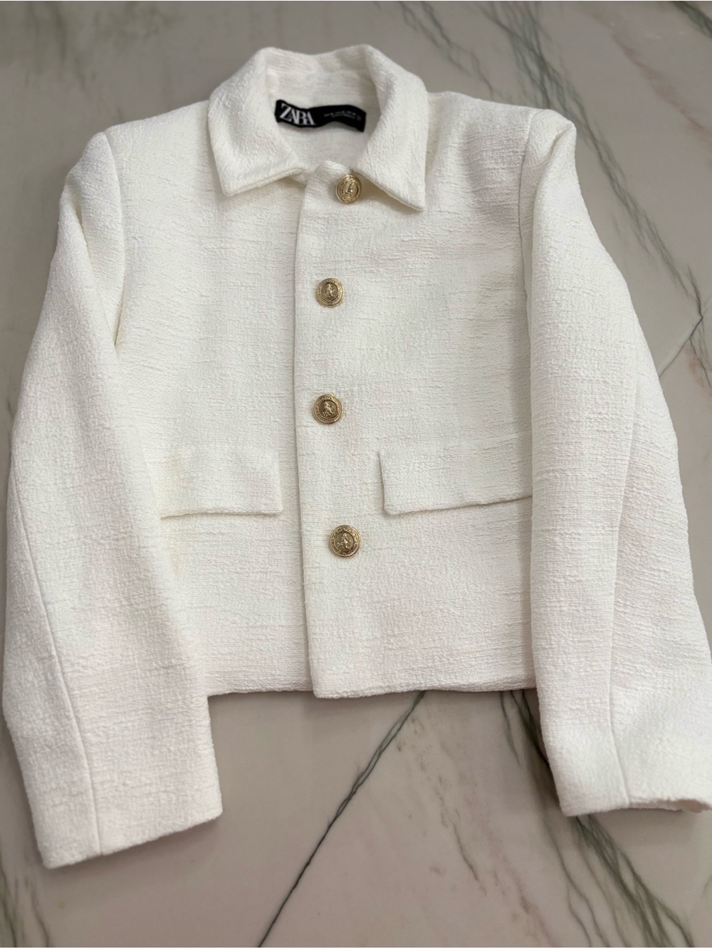 Zara Off-White Textured Jacket with Gold Buttons